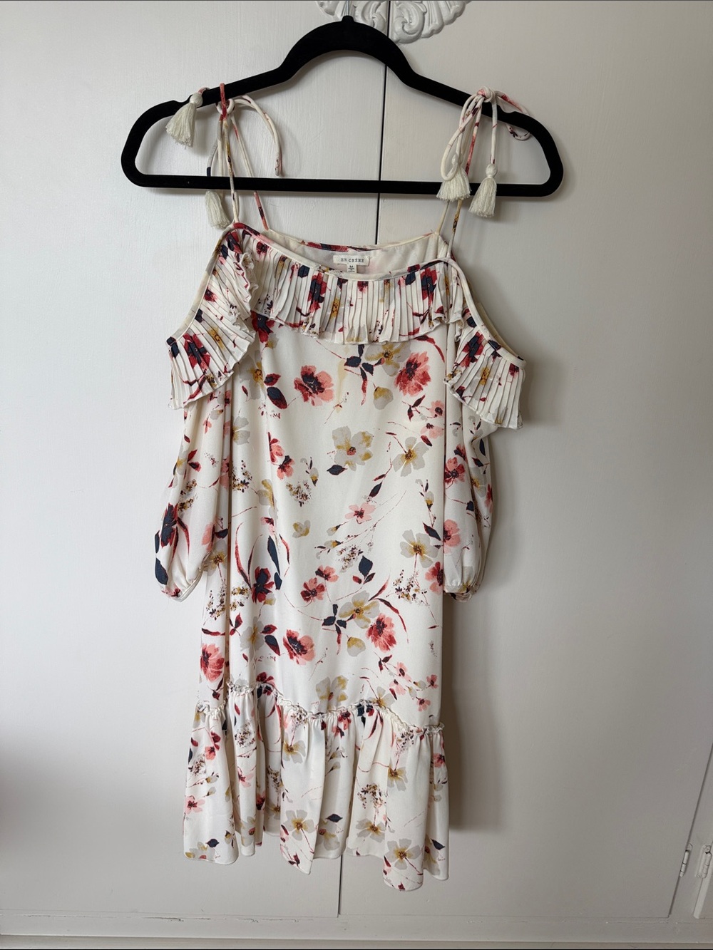 One-Shoulder Floral Ruffle Dress in Cream with Pink